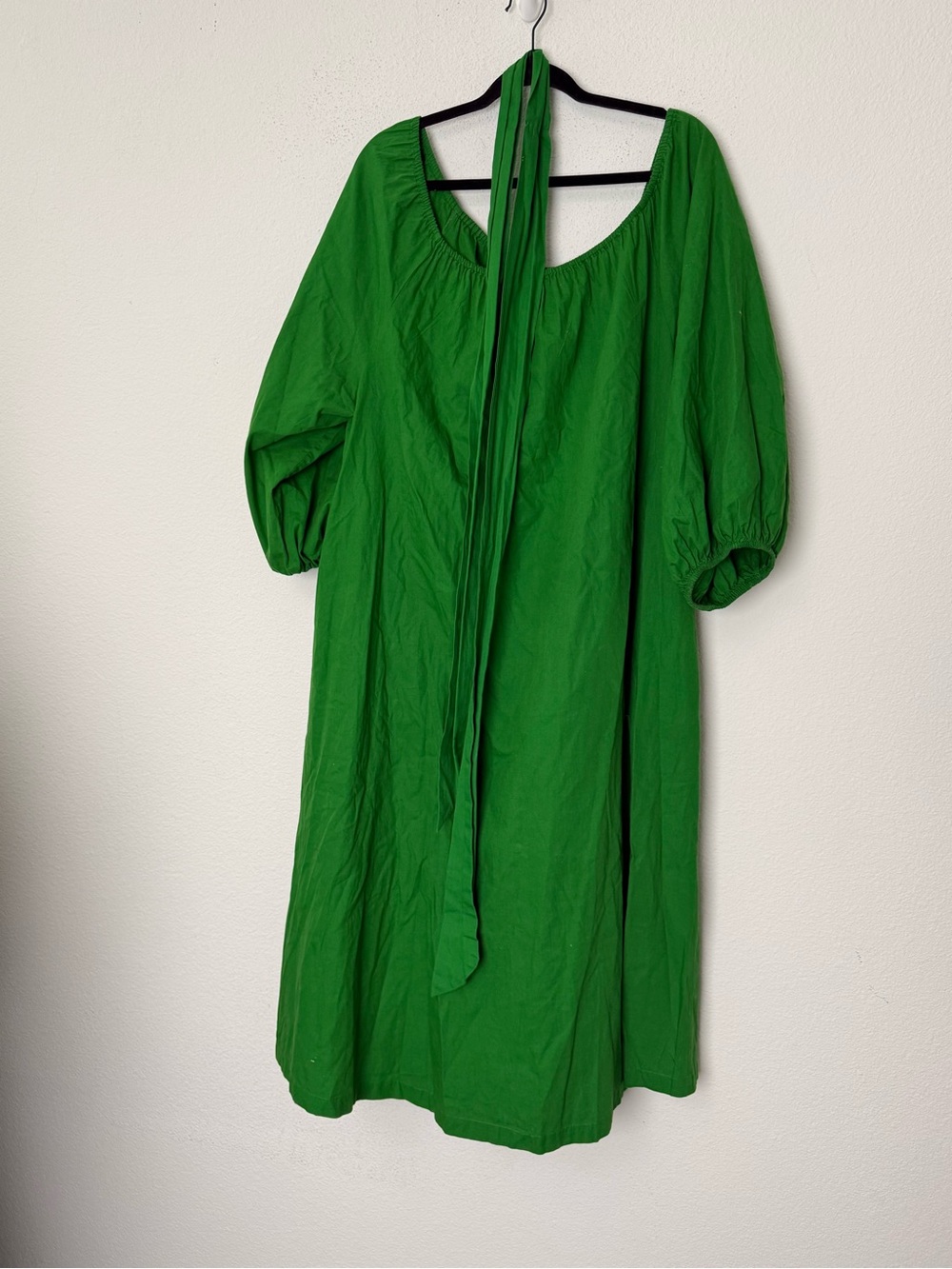 Frances Valentine Green Cotton Midi Dress L Puff Sleeve Tie Waist Resort